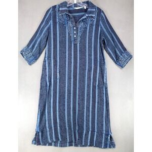 Soft Surroundings Women's Striped Embroidered Lagenlook Bohemian Kaftan PS Blue